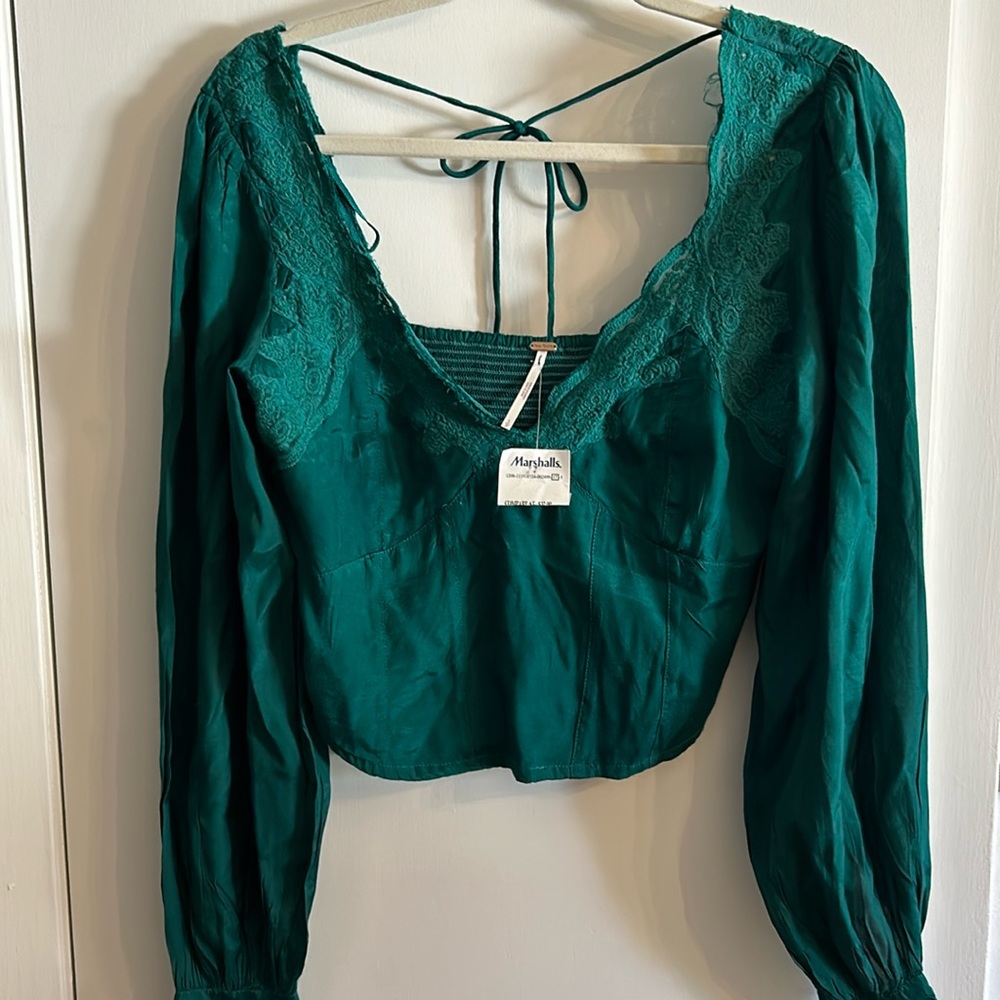 Free People Deep Teal Long Sleeve Cropped Blouse